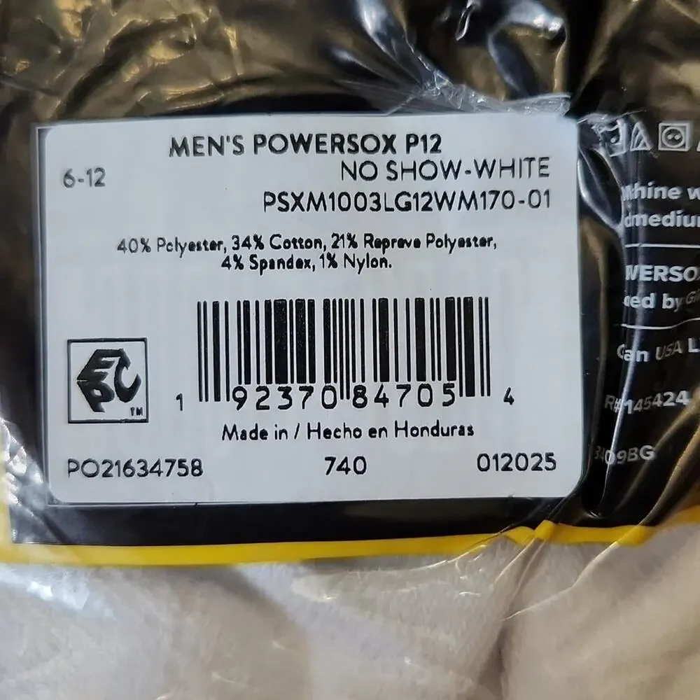 Powersox Men's‎ No Show White Socks 12 Pack Size 6-12 Wicking Cushion Sole